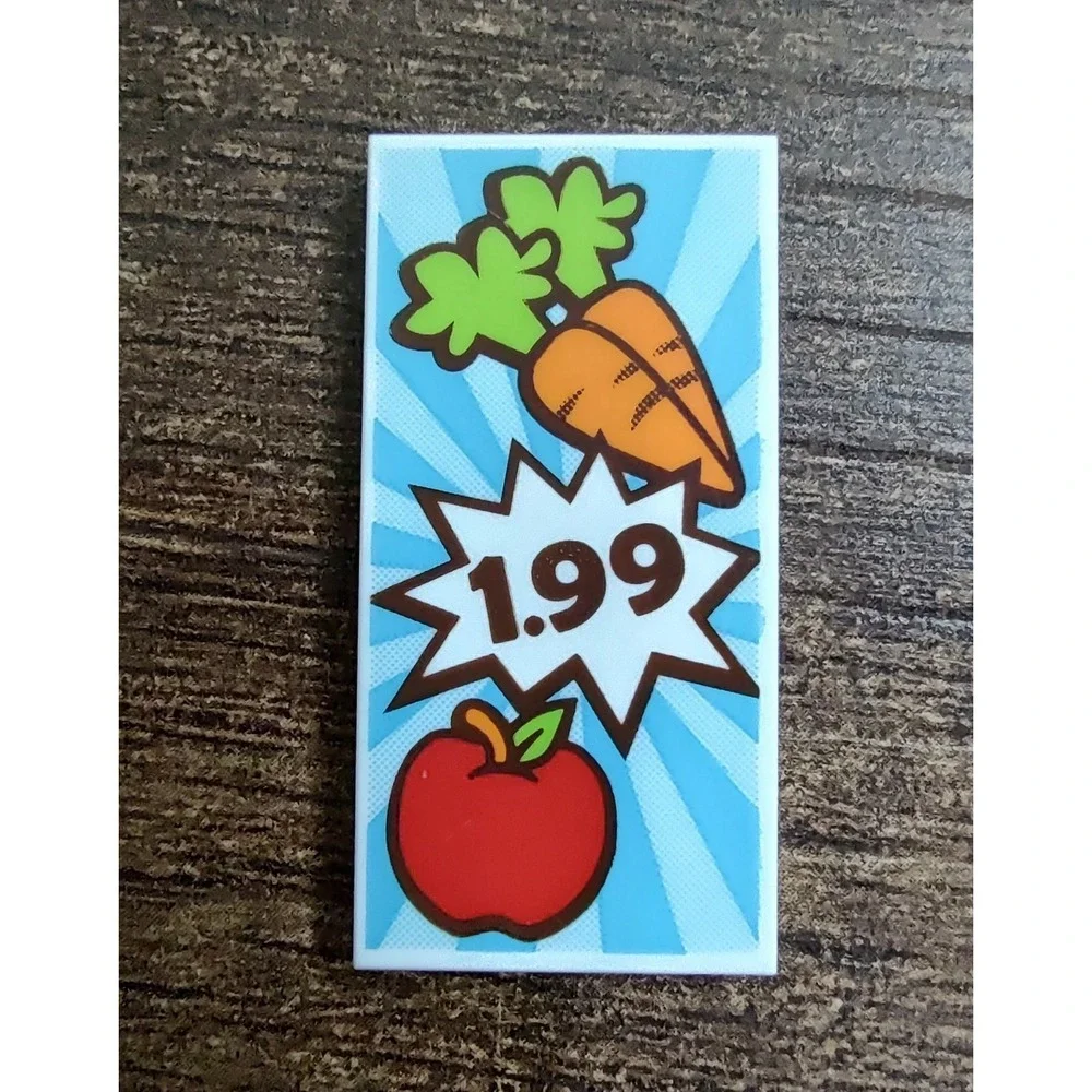 LEGO SUPERMARKET SIGN 2x4 WHITE TILE CARROTS APPLE 1.99 PRICE FOOD PATTERN PIECE
